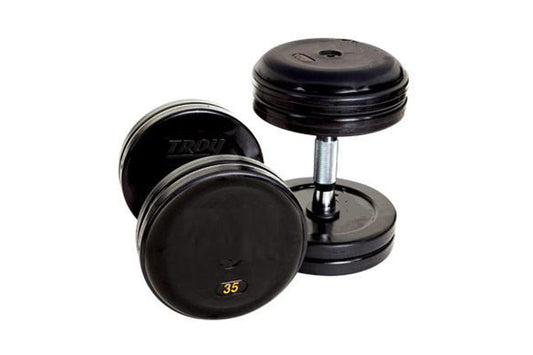 Pair of black rubber-encased fixed dumbbells with chrome handles, 35-pound weight marked in yellow, on white background