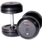 Pair of black rubber-encased fixed dumbbells marked 45 lbs with chrome handles, shown on white background