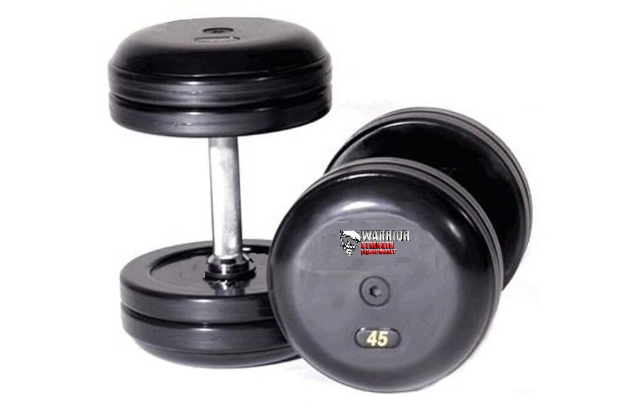 Pair of black rubber-encased fixed dumbbells marked 45 lbs with chrome handles, shown on white background