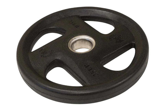 Black rubber Olympic weight plate with three grip cutouts and chrome center collar on white background