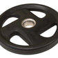 Black rubber Olympic weight plate with grip handles and center chrome collar on white background