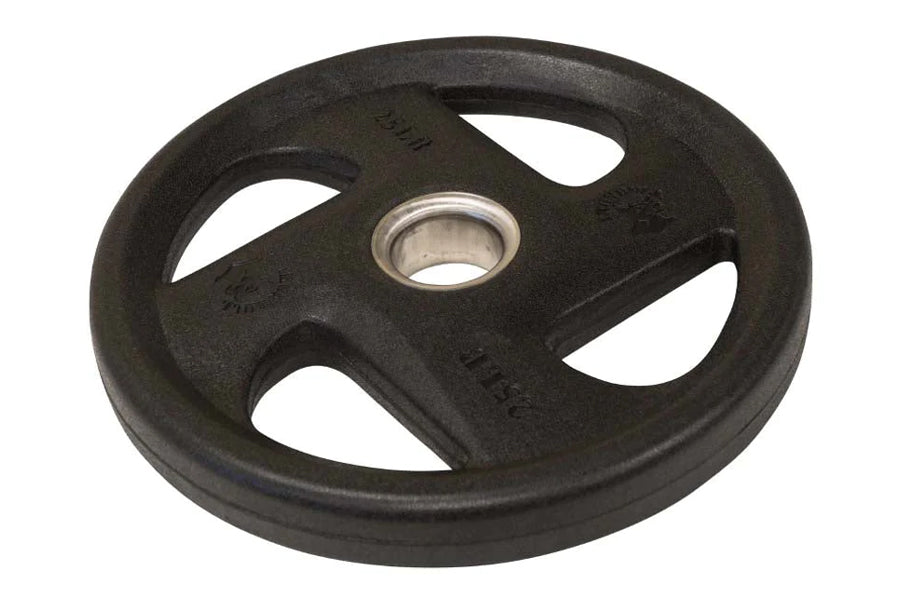 Black rubber Olympic weight plate with grip handles and center chrome collar on white background