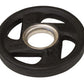 Black rubber Olympic weight plate with silver center collar and three grip handles on white background