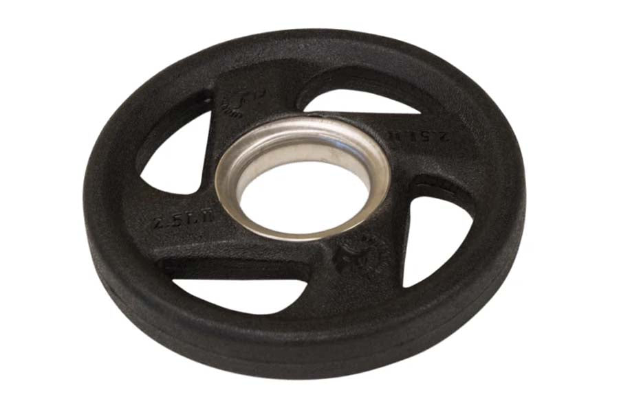 Black rubber Olympic weight plate with silver center collar and three grip handles on white background