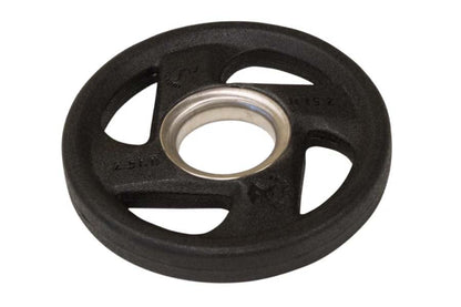 Black rubber Olympic weight plate with silver center collar and three grip handles on white background