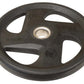 Black rubber Olympic weight plate with grip handles and chrome center collar, flat lay on white background