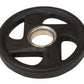 Black rubber Olympic weight plate with chrome center ring and three grip holes, flat lay on white background