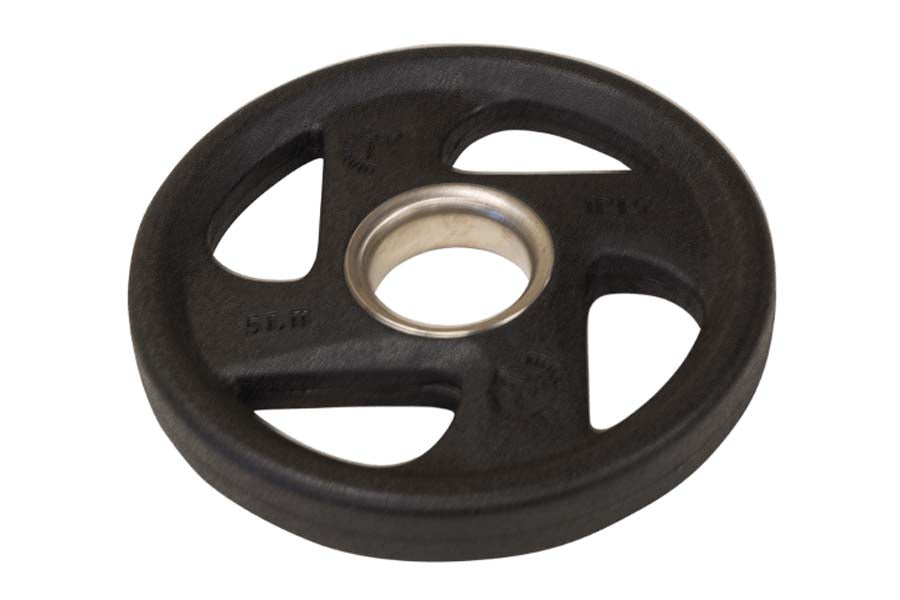 Black rubber Olympic weight plate with chrome center ring and three grip holes, flat lay on white background
