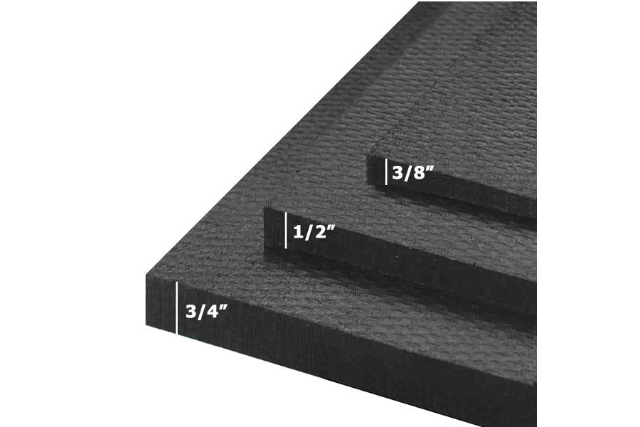Three stacked black rubber gym floor mats showing thickness measurements of 3/4", 1/2", and 3/8" on white background