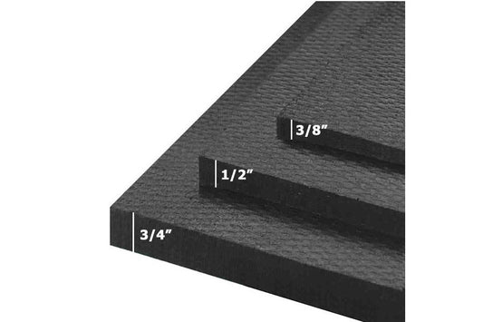 Three stacked black rubber gym floor mats showing thickness measurements of 3/4", 1/2", and 3/8" on white background