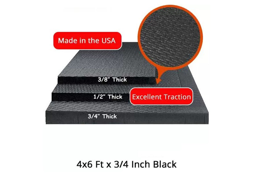 Black rubber gym floor mat showing three thickness options (3/8", 1/2", 3/4"), textured surface with excellent traction, made