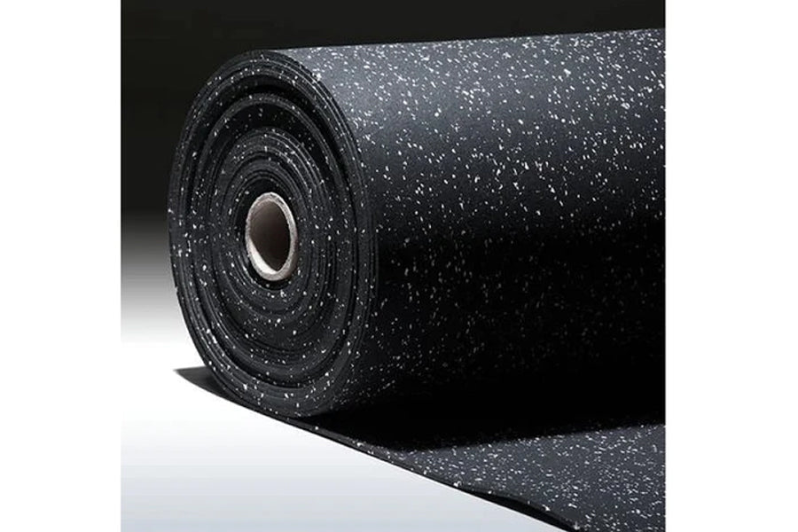 Rolled black rubber gym flooring with white speckled pattern, shown on white background