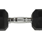 Pair of black rubber hex dumbbells with chrome knurled grip handle, flat lay on white background