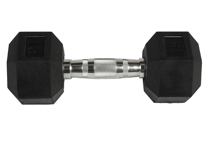 Pair of black rubber hex dumbbells with chrome knurled handle on white background