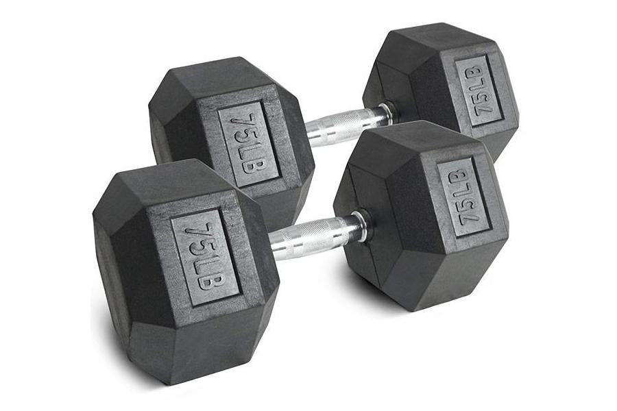 Pair of black rubber hexagonal dumbbells with chrome handles and weight markings on white background