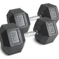 Pair of black rubber hex dumbbells with chrome handles and weight markings on white background