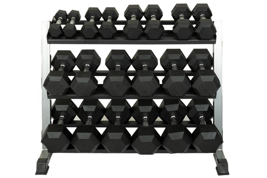 Tiered dumbbell rack holding black rubber hexagonal dumbbells with chrome handles, displayed on white background