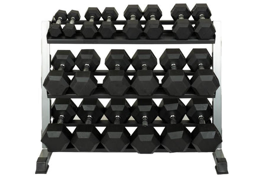 Three-tier black rubber hex dumbbell rack with chrome handles holding multiple pairs of weights on white background