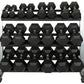 Three-tier black rubber hex dumbbell rack with chrome handles holding multiple weights on white background