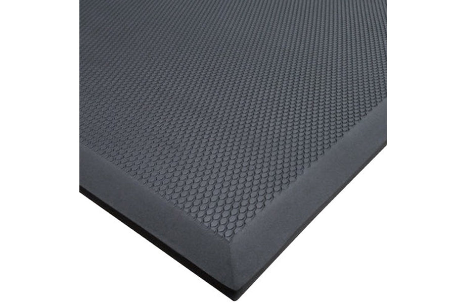 Charcoal gray rubber gym mat with textured dimple surface and beveled edges, flat lay view