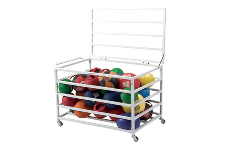 White metal medicine ball cart with four wire shelves holding colorful medicine balls in red, orange, yellow, green, and blue