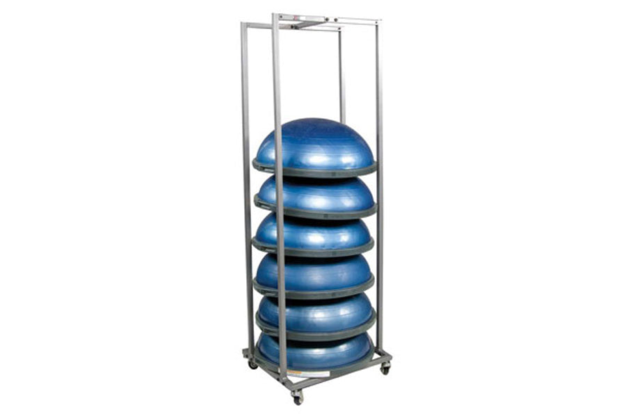 Warrior Small Storage Rack for BOSU with six blue half-dome balance balls stacked on gray metal frame with casters