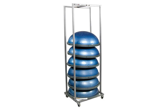 Warrior Small Storage Rack for BOSU with six blue half-dome balance balls stacked on gray metal frame with casters