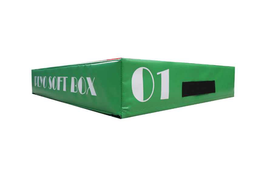 Green stackable plyo box with white "01" text and black handle cutout on white background