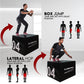Athlete demonstrating box jump and lateral hop exercises on black stackable Plyo Box 2000 with instructional diagrams and mus