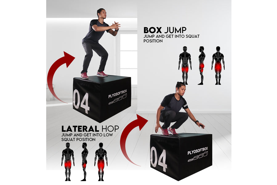 Athlete demonstrating box jump and lateral hop exercises on black stackable Plyo Box 2000 with instructional diagrams and mus