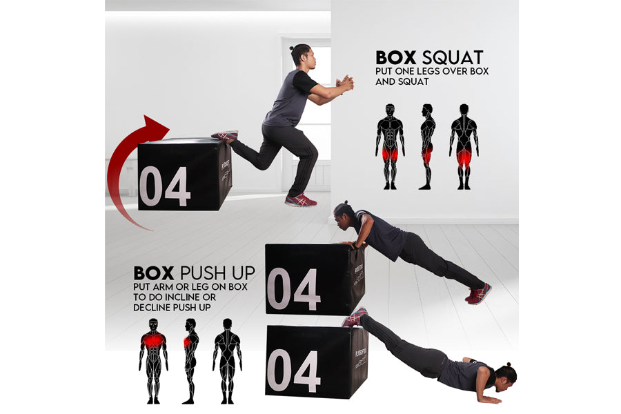 Warrior Soft Stackable Plyo Box Set with models demonstrating box squat and push-up exercises on black boxes