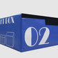 Blue stackable plyo box labeled "02" with white text and box graphics, shown on white background