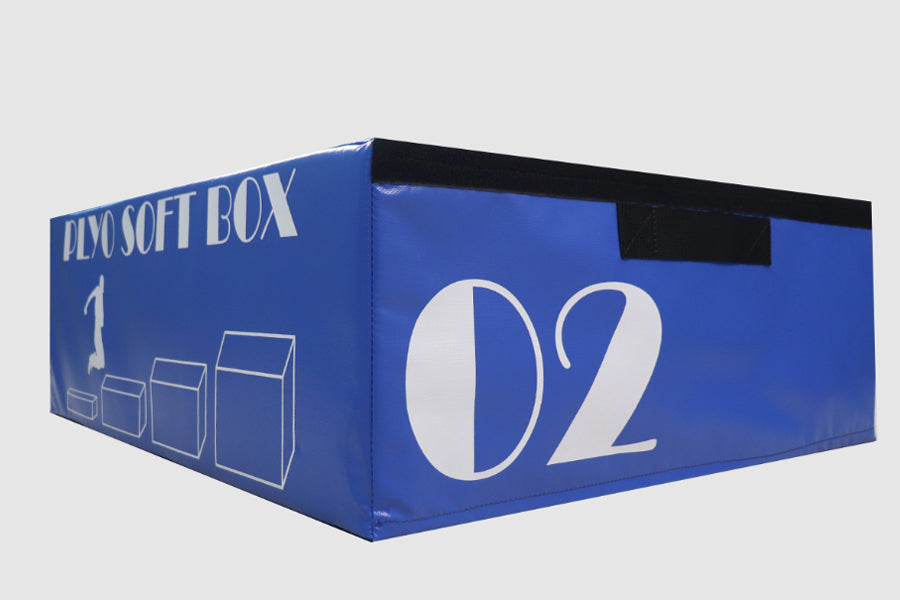 Blue stackable plyo box labeled "02" with white text and box graphics, shown on white background