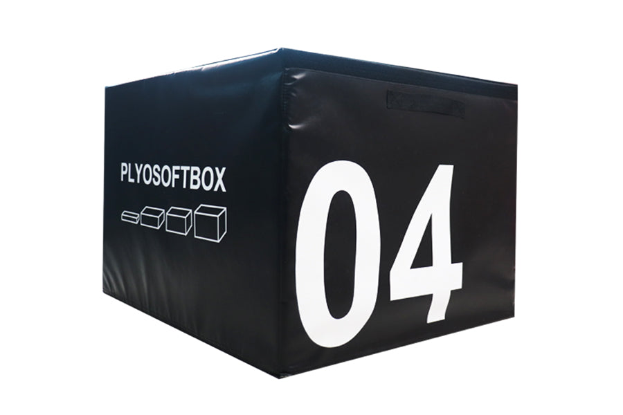Black stackable plyo box labeled "04" with "PLYOSOFTBOX" text and box progression graphics on white background