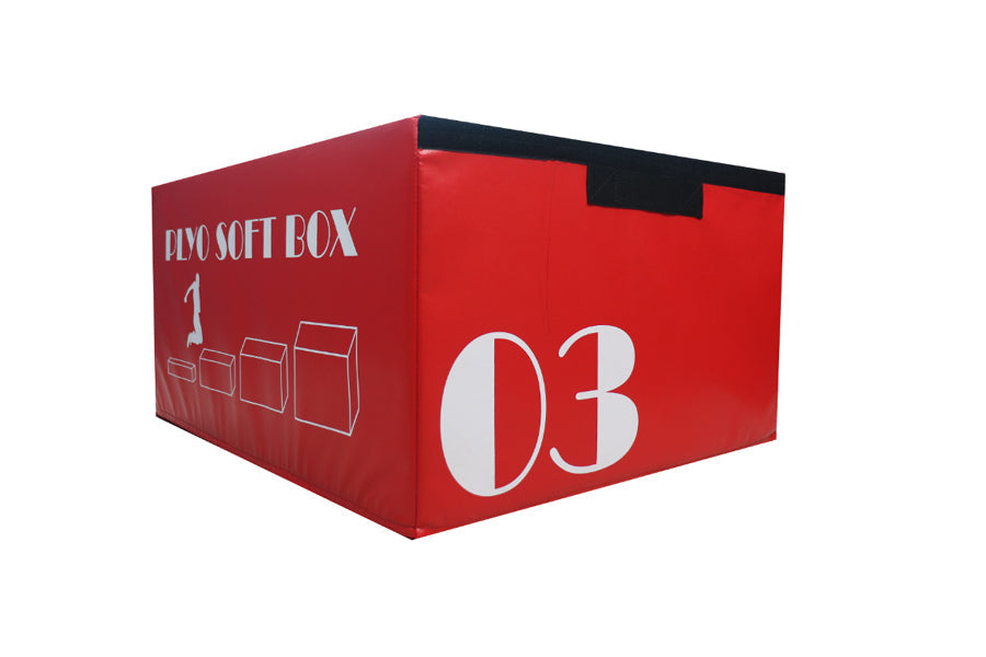 Red and black stackable plyo box set with "PLYO SOFT BOX" text and "03" number on white background