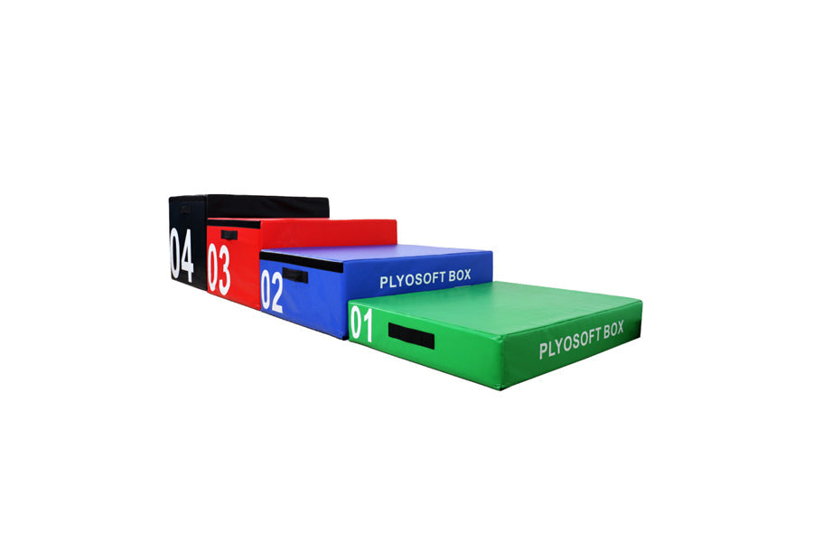 Warrior Soft Stackable Plyo Box Set in black, red, blue, and green, stacked and numbered 01-04 on white background