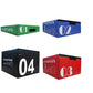 Four colorful stackable plyo boxes in green, blue, black, and red, numbered 01 through 04, displayed on white background