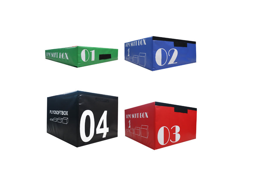Four colorful stackable plyo boxes in green, blue, black, and red, numbered 01 through 04, displayed on white background