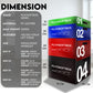 Stacked plyo boxes in green, blue, red, and black with white numbering, showing dimensions and specifications chart on left s
