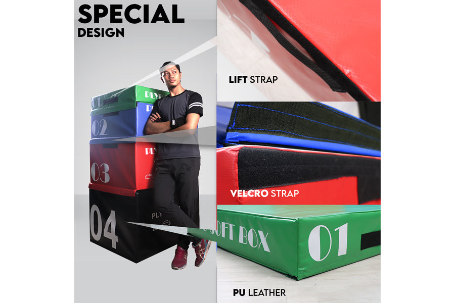 Warrior Soft Stackable Plyo Box Set in red, blue, and green with lift strap and velcro strap details, worn by model