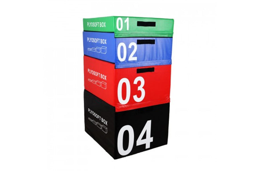 Four-piece stacked plyo boxes in green, blue, red, and black with numbered labels 01-04, on white background