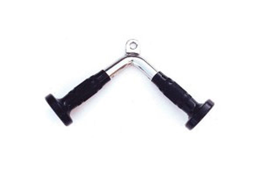 Warrior solid tricep press-down bar with chrome curved handle and black foam grips on white background