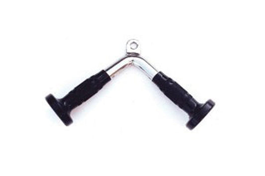 Warrior solid tricep press-down bar with chrome curved handle and black foam grips on white background