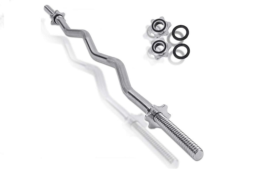 Warrior Standard 1-inch EZ-curl bar with threaded spin-lock collars and rubber washers on white background