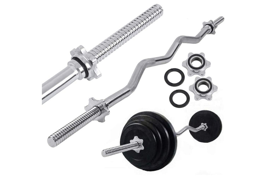 Warrior Standard 1" EZ-Curl Bar with threaded spin-lock collars, black weight plates, curved chrome bar, and rubber washers i