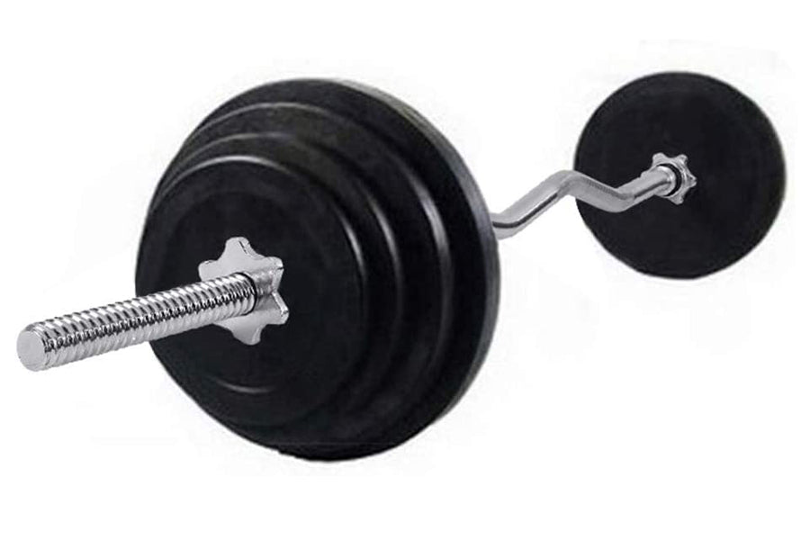 Warrior Standard 1" EZ-curl bar with threaded spin-lock collars, black rubber plates and chrome bar on white background