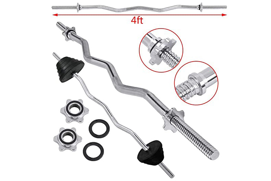 4ft chrome EZ-curl barbell with wavy center grip, spin-lock collars, threaded sleeves, and hardware components displayed on w