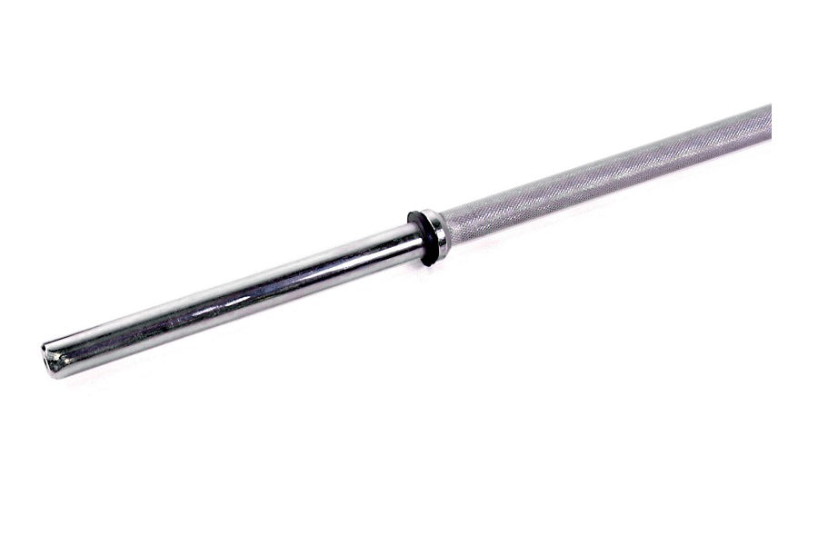 Warrior Standard 1" EZ-Curl Bar with straight clamp end, chrome shaft and grey knurled grip sleeve on white background