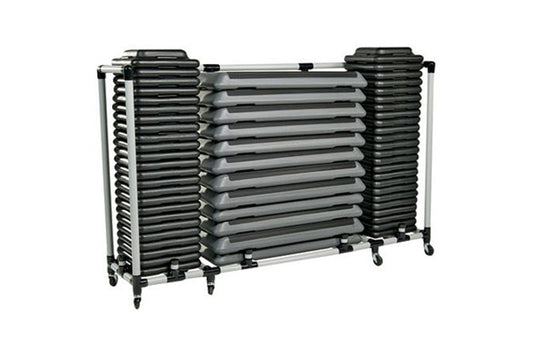 Warrior Aerobic Step Storage Cart with black platform steps and silver frame on casters, front view