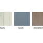 Three interlocking gym flooring tile color options displayed side by side: Rain in cream, Slate in blue-gray, and Brownstone 